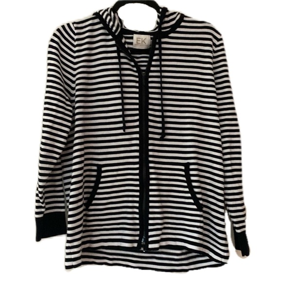 Edinburgh Knitwear Full‎ Zip Hooded Striped Jacket Knit Black and White Neutral - Picture 1 of 11